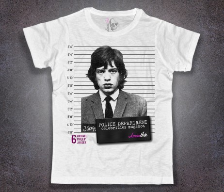 Mick Jagger t-shirt uomo bianca con stampa foto segnaletica mugshot