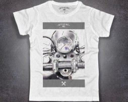 manubrio motocicletta t-shirt uomo bianca Officine Km2 raffigurante un particolare del manubrio