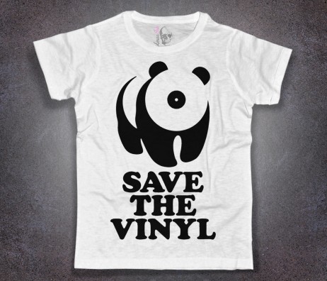 save the vinyl t-shirt uomo bianca raffigurante un panda stilizzato con il muso a forma di vinile