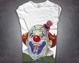 clown t-shirt donna bianca raffigurante un pazzo pagliaccio