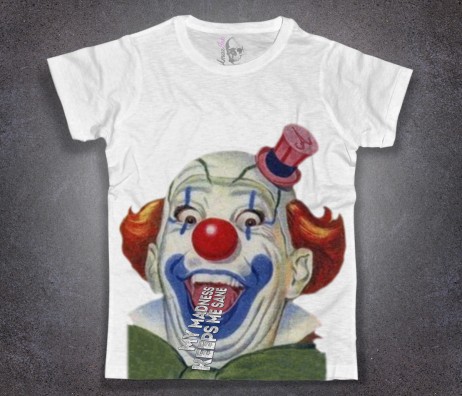 clown t-shirt uomo bianca raffigurante un pazzo pagliaccio