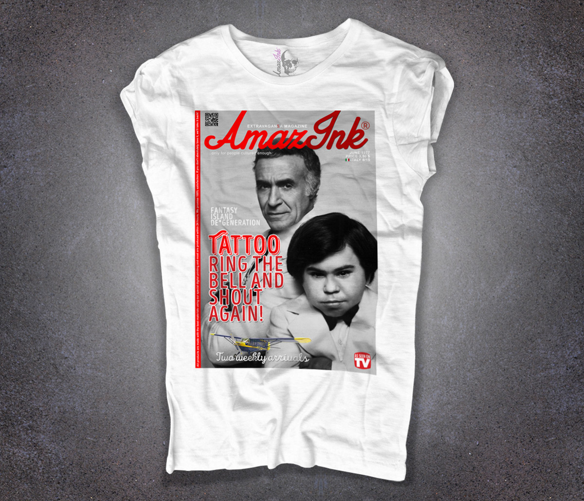 T-Shirt Donna Bianca 'Supertelegattone' Con Gatto Azzurro: Cotone Slub 150 Gr/mq, Linea Amazink