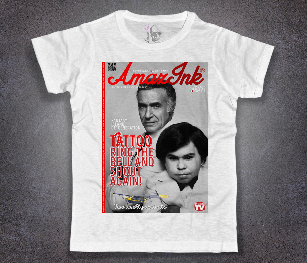 Fantasilandia_t-shirt_uomo_bianca_Amazink Fantasilandia t-shirt uomo bianca raffigurante Roake e Tatoo