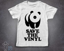 save the vinyl t-shirt bambino bianca raffigurante un panda stilizzato con il muso a forma di vinile