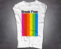 Color Spectrum t-shirt donna bianca raffigurante strisce multicolore e la scritta Break Free
