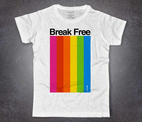 Color Spectrum t-shirt uomo bianca raffigurante strisce multicolore e la scritta Break Free