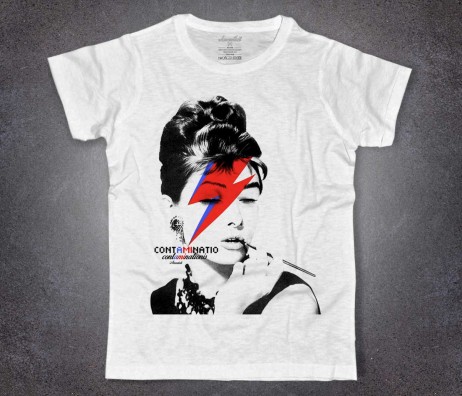 Audrey Hepburn t-shirt uomo bianca con il viso truccato come David Bowie in Stardust