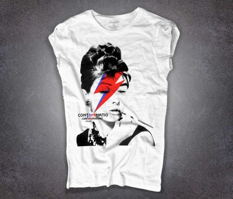 Audrey Hepburn t-shirt donna bianca con il viso truccato come David Bowie in Stardust