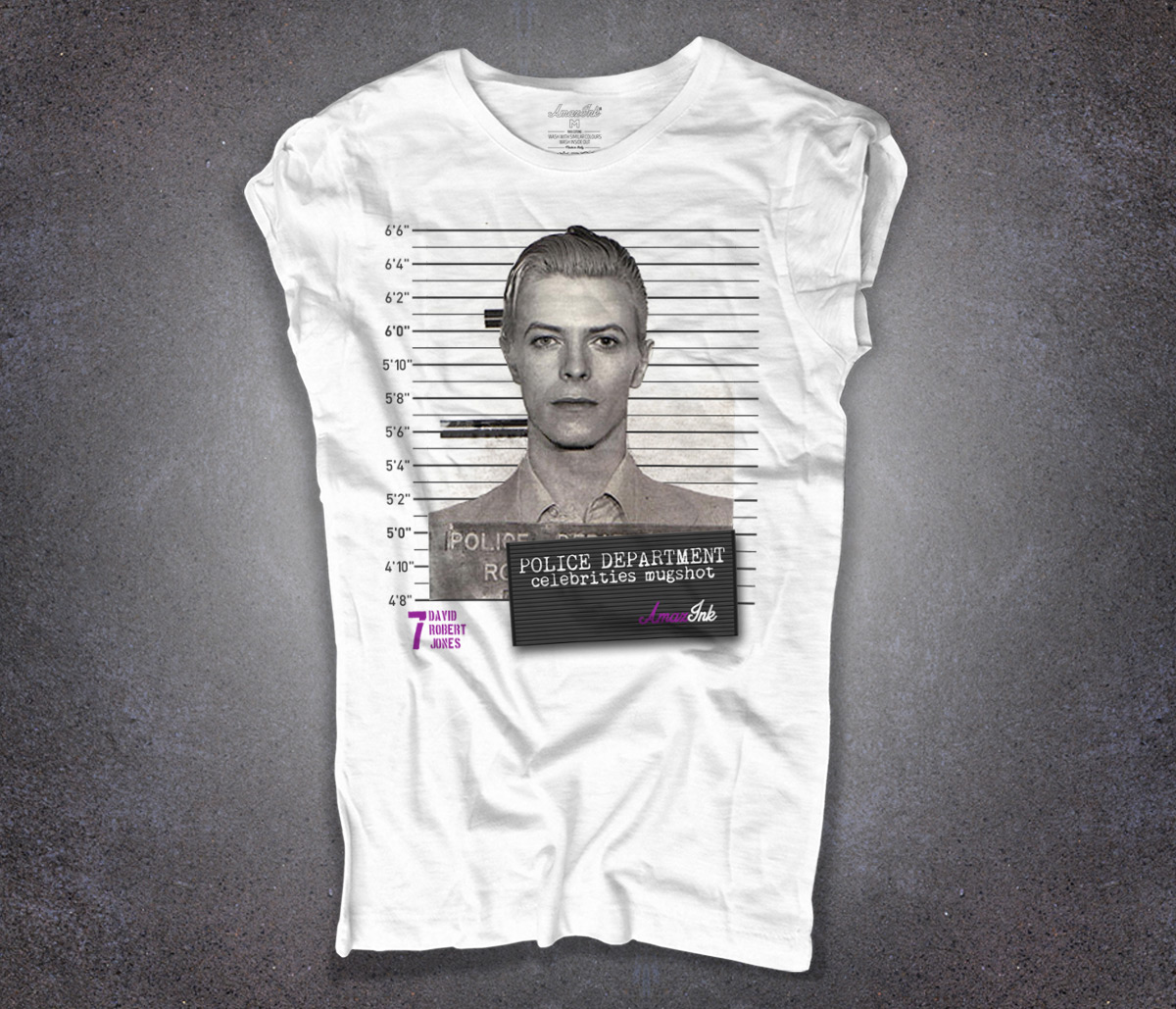 T-shirt uomo David Bowie foto segnaletica celebrities mugshot Amazink